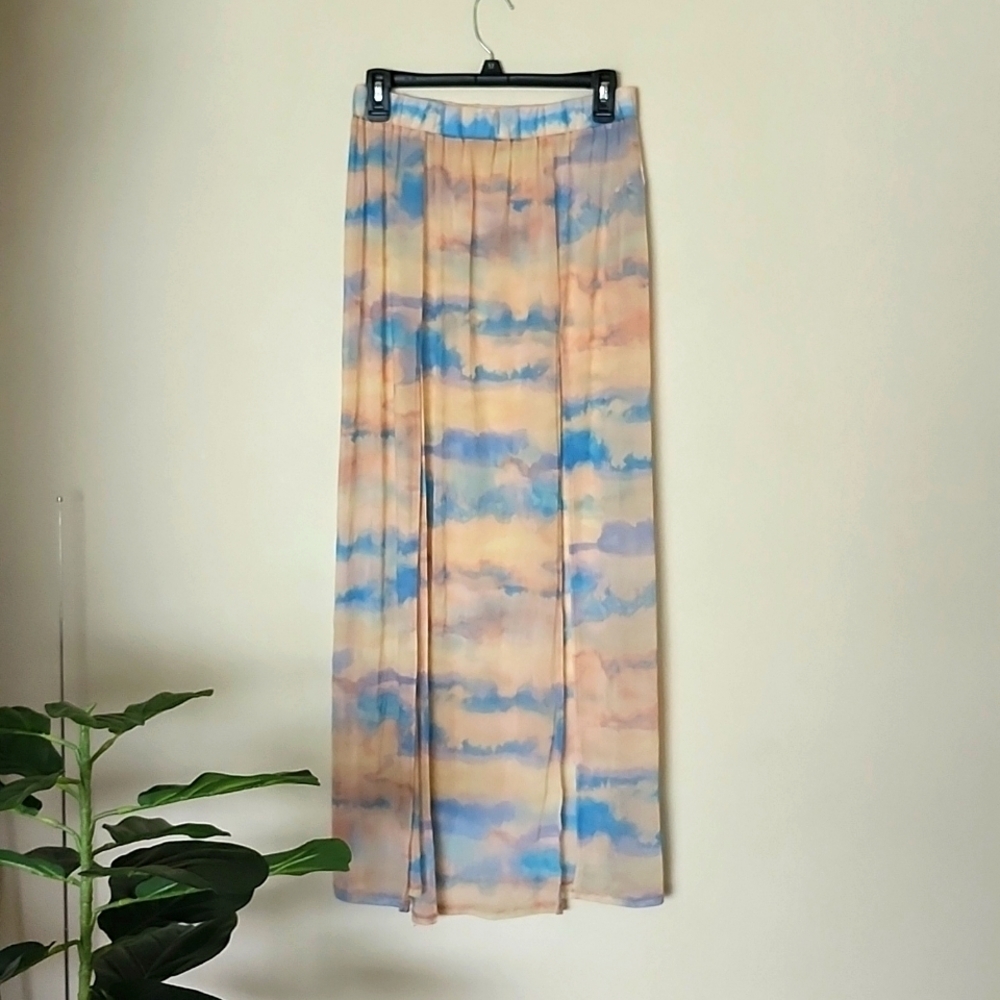 Sheer swimsuit cover up skirt, elastic waist, double front slit, large, vacation